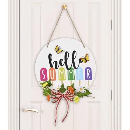 New Welcome Summer Sign Front Door Decoration Round Wood Wreath Sign Hanging Welcome Sign For Farmhouse Porch Sign Door Trim