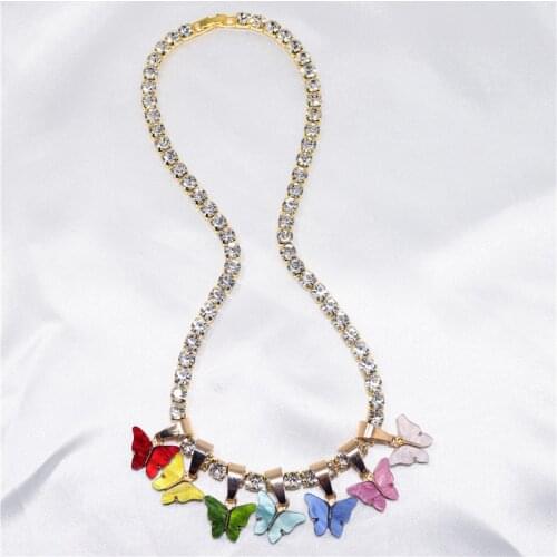 Rainbow Colorful Butterfly Charm Rhinestone Necklace Hip Hop Acrylic Pendant Crystal Gold Color Chain Necklace Jewelry Gift