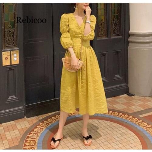 Korean Women Summer Cotton Linen Sexy V Neck Long A-line Dress Female Elegant Lantern Sleeve Vestidos