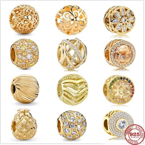 925 Sterling Silver Unique Golden Hollow Round Flower Pendant DIY fine beads Fit Original Pandora Charm Bracelet Jewelry