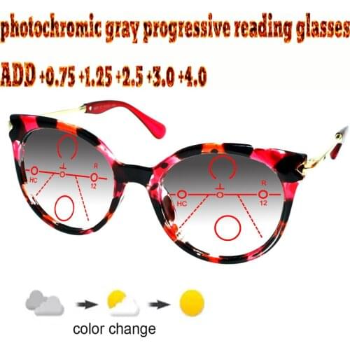 Photochromic Gray Progressive Multifocal Reading Glasses Ladies Woem Ultralight Cats Eye Large Size Frame Fashion +0.75 To +4.0