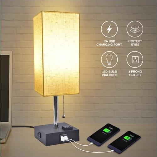 USB Bedside Table Lamp, Golspark Minimalist Nightstand Lamp with Charging Ports, Lamps for Bedrooms, Fabric Linen Lamp Shade, Mo