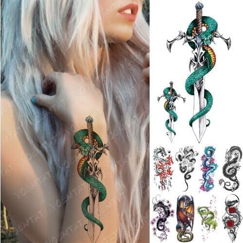 Waterproof Temporary Tattoo Sticker Dragon Sword Snake Flash Tattoos Totem Skull Rose Body Art Arm Fake Sleeve Tatoo Women Men