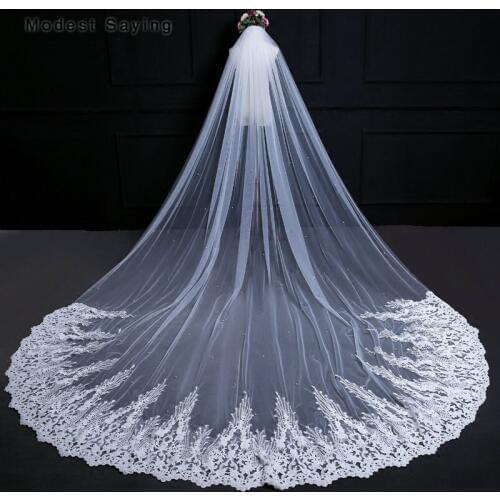 Top Quality Luxury 3.8M Lace Church Cathedral Wedding Veils Net 2018 with Pearls Long Bridal Veils Bride Wedding Accessories