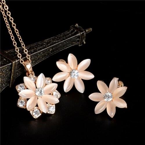 SHUANGR Fashion Natural Stone Flower Crystal Charms Jewelry Sets For Women Gold-color Chain Necklace Stud Earrings femme