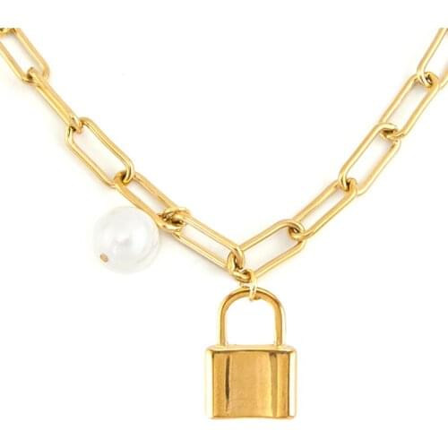 Padlock Polar Star Globe Necklace Natural Shell Pearl pendant Women Chunky Chain Stainless Steel Heavy Duty Chain Choker Collar
