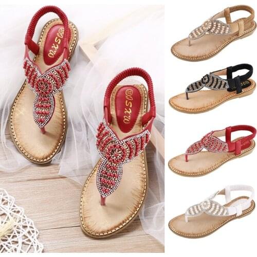 Ethnic style rhinestone metal decoration women sandals clip toe crystal bordered sandalias elastic band flipflops big size 36-42