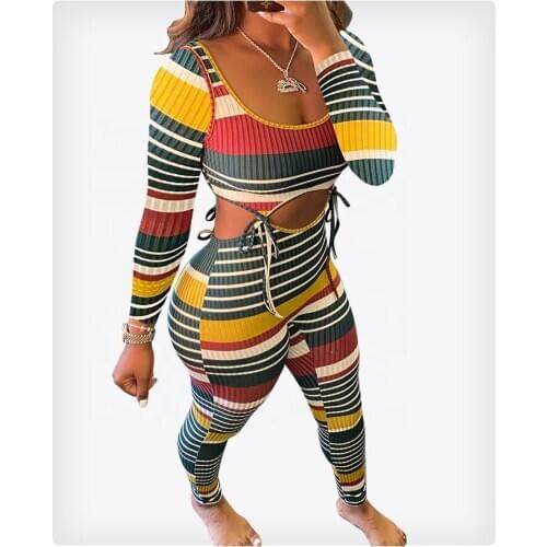 2020 Womens Full Sleeve Printed striped Colour 2 Piece Sets fitness knitted clothes Fall Outfits Lace Up Bodycon Bodysuit