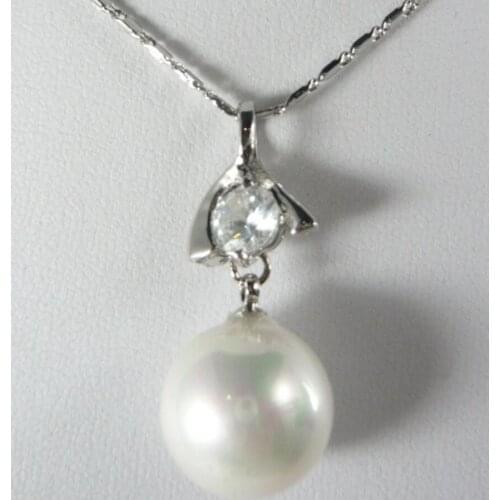 Womens fashion style silver plated white zircon + Round White Shell Pearl Pendant Necklace