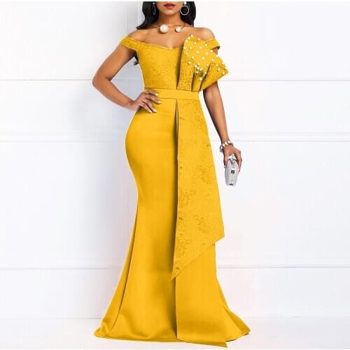 Yellow Dress Long For Women Off Shoulder Sexy Mermaid Beads Skinny Prom Floor Length Evening Dinner Wedding Party Maxi Dresses