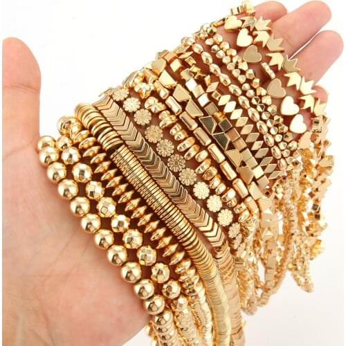 14 Gold Plating Irregular Hematite Beads Round Disc Cube Heart Shape Loose Natural Stone Beads for Jewelry Making DIY Bracelet