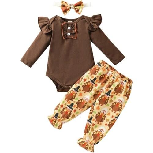3Pcs Toddler Thanksgiving Outfits Long Sleeves Romper + Cartoon Turkey Pants + Hairband for Baby Girls Brown Autumn Clothes