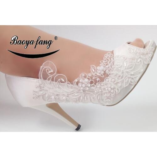 BaoYaFang New White Lace fashion shoes For woman Flower Wedding shoes Bride High shoes Ladies Party dress shoe