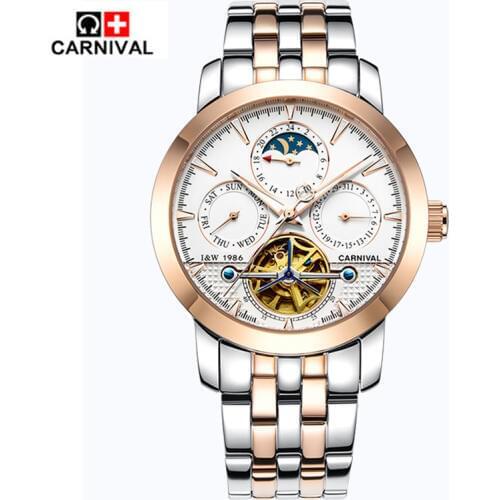 CARNIVAL Fashion Tourbillon Men Watch Top brand Luxury Automatic Watch Men Calendar Week Moon Phase Luminous Mechanical watches