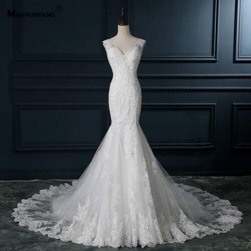 Custom Made V-Neck Embroidery Appliques Tulle Zipper Back Mermaid Wedding Dress Luxury Sleeveless Chapel Train Bridal Gown