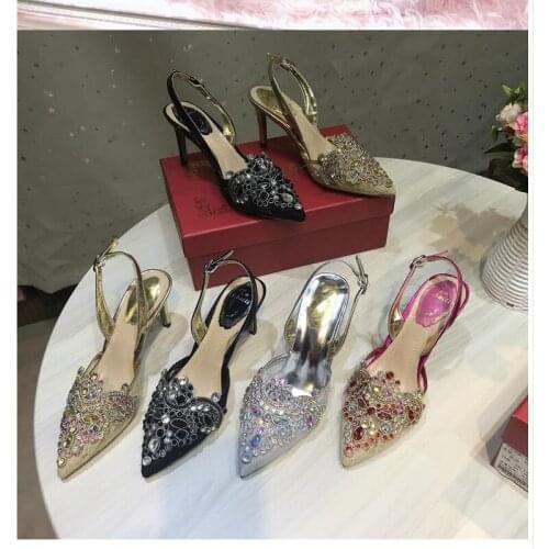 Summer new style stiletto pointed toe rhinestone buckle lace Baotou bridal wedding shoes banquet dress all-match female sandals
