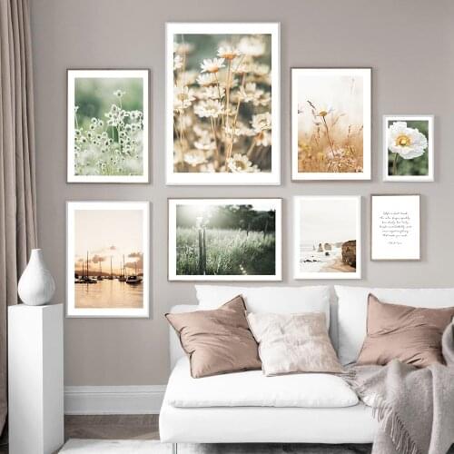 Summer Flower Sunrise Nature Landscape Canvas Poster Print Green Grass Scandinavian Style Wall Art Painting Nordic Picture Decor