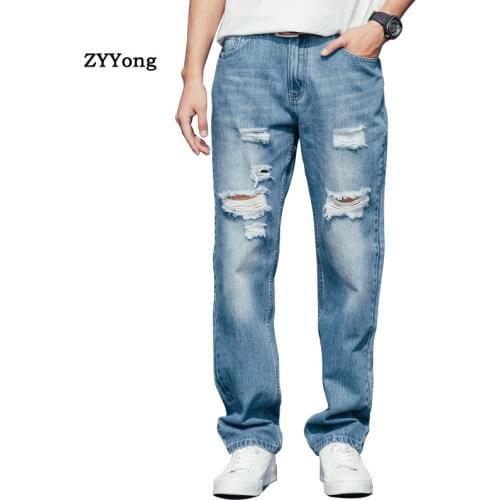 Fashion Ripped Jeans Men Summer Thin Section Big Size Breathable Straight Trousers Blue Denim Pants Male Business Jeans