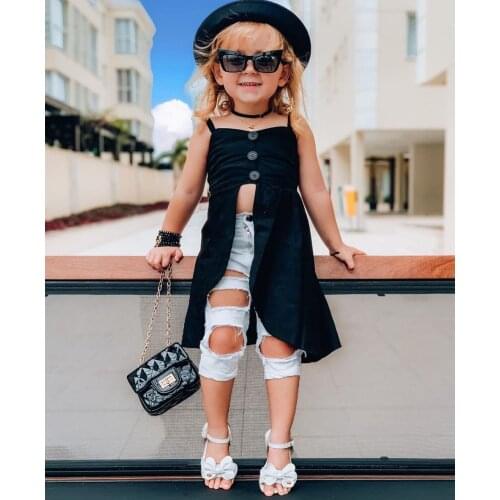 Baby Girl Clothing 2Pieces Kids Casual Set Solid Color U-Neck Sleeveless Long Tops Hole Pocket High Waist Ripped Jeans Summer