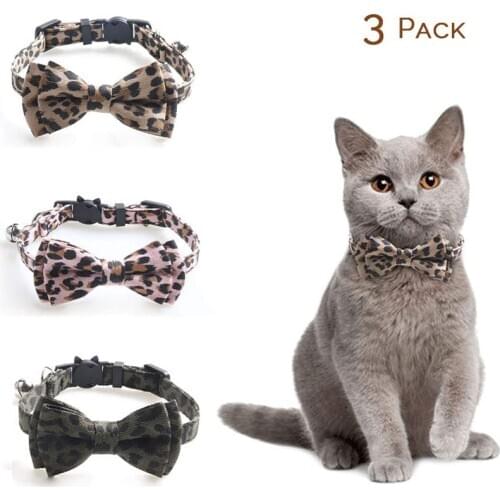 3 Pack Breakaway Cat Collar with Bow Tie and Bell Leopard Pattern Adjustable Safety Kitten Collars for Pets Cats Kitty Puppy