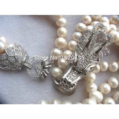 Fine 3rows freshwater pearl near round 8-9mm necklace 25-27inch and dragon clasp