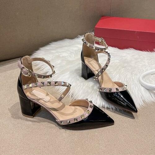 Sexy lady fashion women shoes spikes rivets pointed toe high heels ankle strappy chunky pumps come with dustbag and box