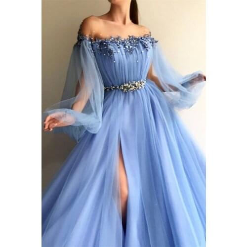 Long Sleeve Tulle A-Line Mint Green Prom Dresses 2021 Applique Flowers vestidos de festa longo Formal Evening Dress платье