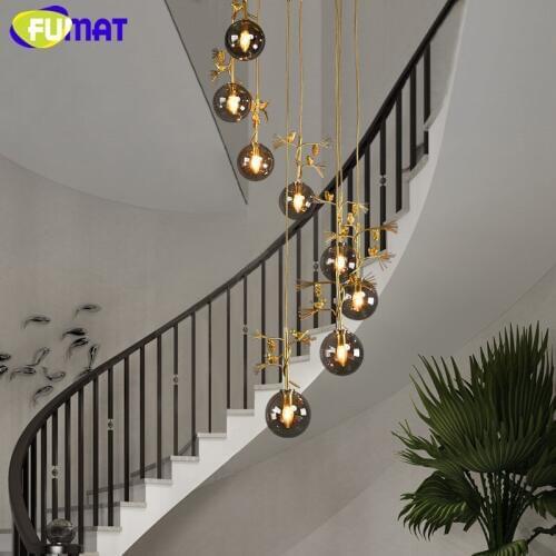 FUMAT Artichoke Bird Gold Glass Ball Ceiling Lamp Chandelier Spiral Staircase Villa G4 LED Modern Style Penthouse Layers Lights