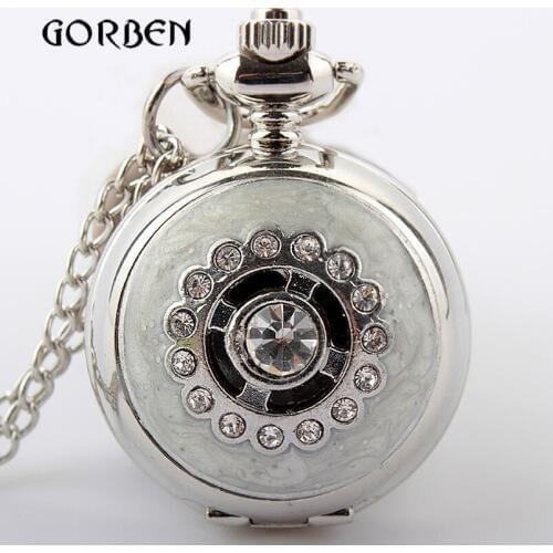 Retro Antique Bronze Silver Quartz Pocket Watch Vintage Crystal Necklace Pendant Chain Women pocket fob watches Relogio De Bolso