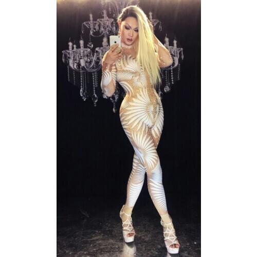 Sexy Sparkly Christmas jumpsuit bar Ds party GoGo fashion printed one-piece stage costume