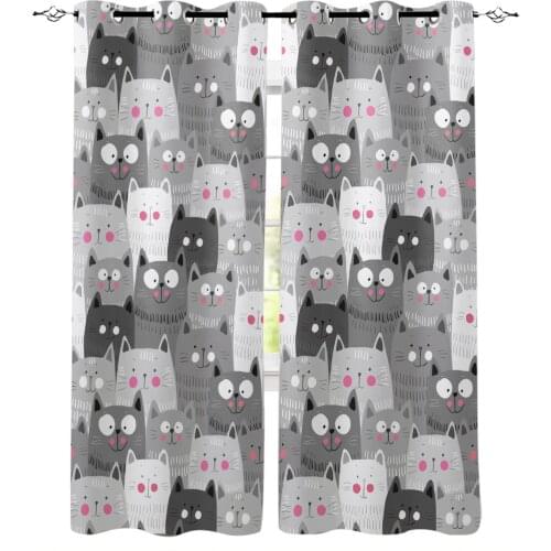 Cartoon Grey Cat Kawaii Curtain for Living Room Bedroom Curtain Window Treatment Blinds Drapes Kids Room Curtains