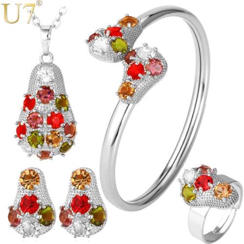 U7 Crystal Necklace Set Women Gold Color Colorful Rhinestone Necklace/Earrings/Bracelet/Ring Bridal Jewelry Sets S615