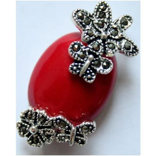 Vintage 925 silver natural 30*20 imitation red coral flower marcasite pendent