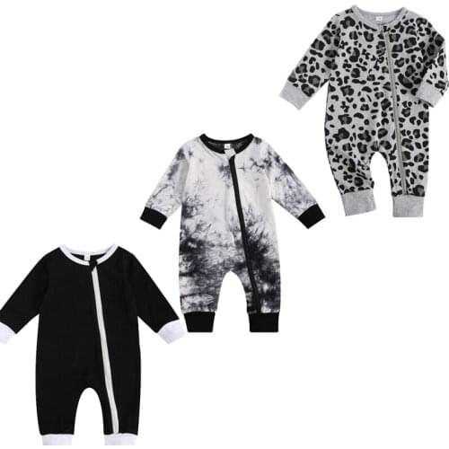 Wallarenear 0-24M Newborn Infant Toddler Baby Boy Autumn Romper Long Sleeve Leopard Tie-Dye Printed Zipper Jumpsuit Clothing