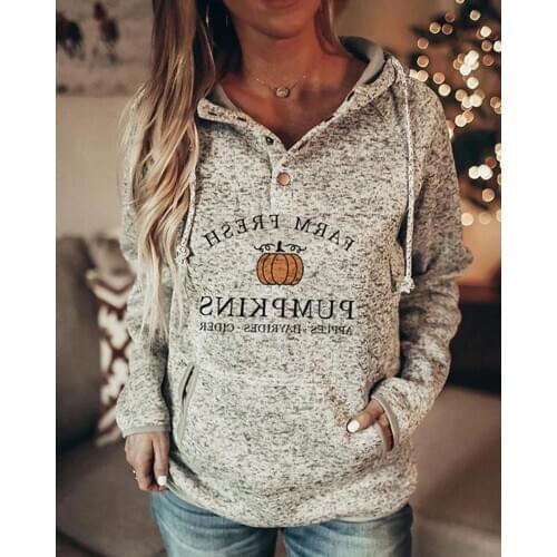 2020 Women Autumn Spring Fashion Hooded Basic Long Sleeve Halloween Pumpkin Letter Print Pocket Design Hoodie Casual Woman