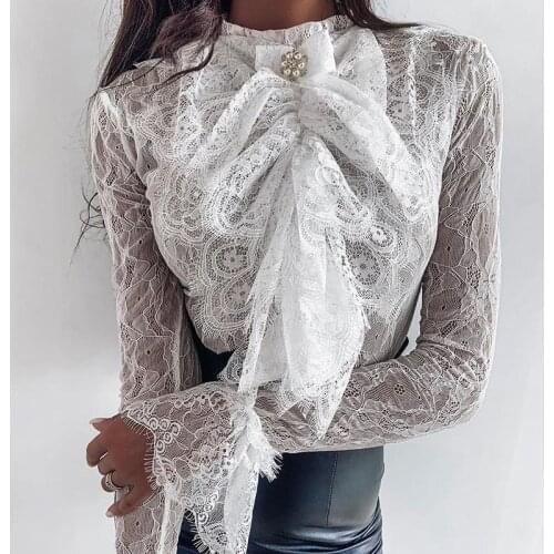 2020 New Women White Lace Elegant Shirts Blouse Flare Long Sleeve Ladies OL Shirts See Through Casual Loose Tops Blouses