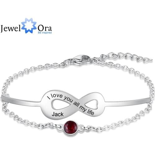 JewelOra Personalized Name Engraved Infinity Bracelets with Birthstone Stainless Steel Custom Bracelets for Women Christmas Gift