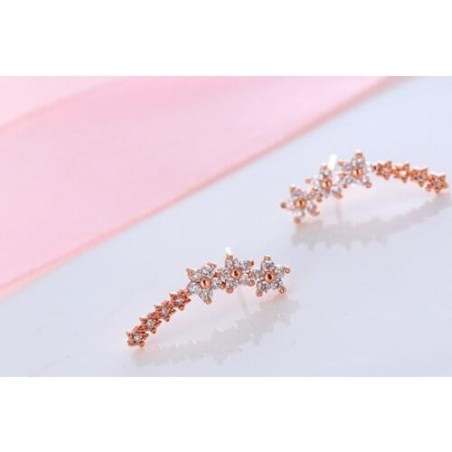 French Fashion Inlaid Crystal Zircon Flower Star Stud Earrings Women Korean Sweet Cute Rose Gold Color Ear Row Wedding Jewelry