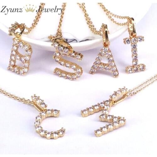 10PCS, Top Quality Initial Name Letter Necklace Gold 26 Letters Charm Pendants Micro Pave CZ Copper Chain Jewelry For Women Girl