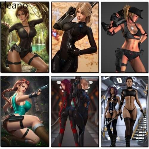 Custom Print Game Anime Decor Posters Woman with Gun Canvas Painting Abstract Wall Art HD Sexy Laura Movie Star Figure Painting
