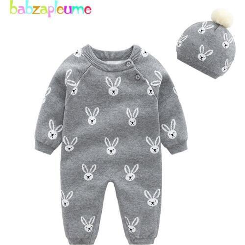 Babzapleume Fall Winter Newborn Clothes Set Cartoon Cute Knit Long Sleeve Rompers+Hats Infant Boys Jumpsuit Baby Costumes BC1057