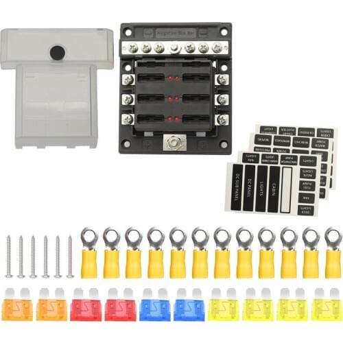 DC 12V-32V 6 Way Fuse Box Blade Fuse Block Holder Circuit Screw Nut Terminal with LED Indicator and Negative Nut For Car Boat