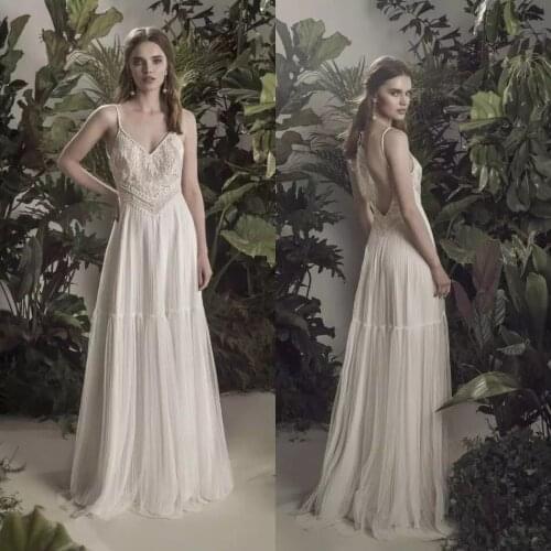 Boho Wedding Dresses Spaghetti Straps Appliques Lace Chiffon Bridal Gowns Backless Sweep Train Beach A-line Vestidos De Novia