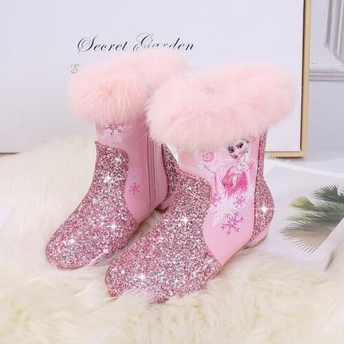 Disney high-heeled boots autumn winter new childrens short boots little girls plus velvet snow boots elsa princess cotton boots