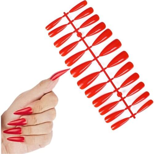 24Pcs/Set Long Stiletto Fake Nails Pointed End Red ballet False Nails Artificial Full Nail Tips Manicure Tools 12Colors