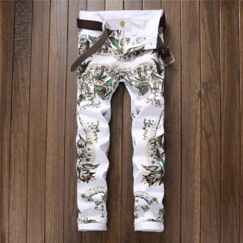 New Fashion Brand Designed High Quality Elasticity White Jeans Men Flower Pattern Denim Pants High Street Style Men Jeans