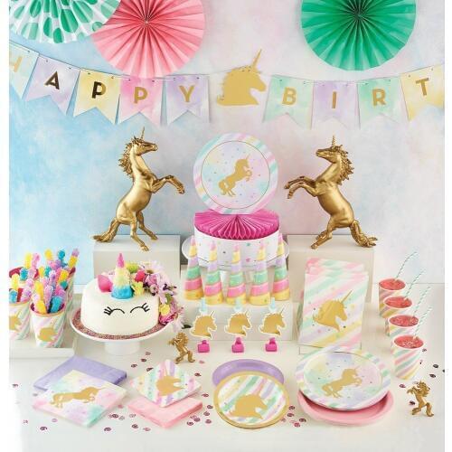 Hot Stamping Unicorn Party Disposable Tableware Sets Unicorn Plate Napkins Banner Flags Cake Topper Birthday Party Supplies