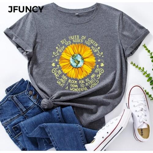JFUNCY Short Sleeve Womens Cotton T-shirt Sunflower Earth Letters Print T Shirts Female Graphic Tees Tops Lady Tshirt