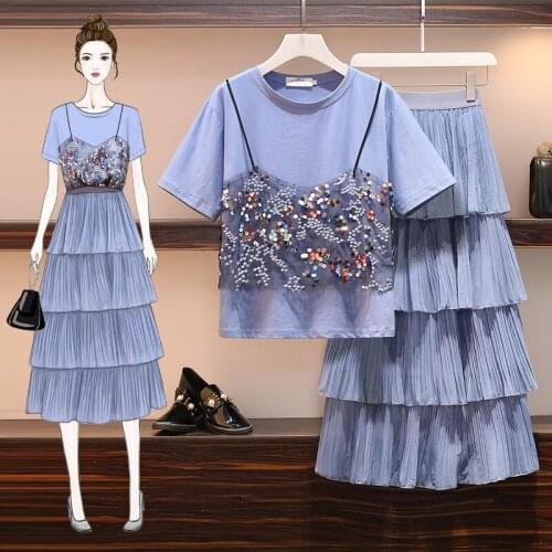 6XL Plus Size 2021 Summer Clothing Suit Fashion Patchwork T Shirt+Pleated Skirt 2 Piece Set High Street Sweet Dress