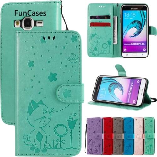 Red Phone Accesories Cover For telefoon Samsung J3 2015 And 2016 Cat Case PU Leather Book Bag Galaxy J3 phone case Pouch Carcaso